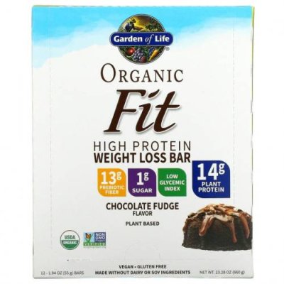 Garden of Life, Organic Fit, высокопротеиновый батончик для похудения, шоколадная помадка, 12 батончиков по 55 г (1,9 унции) / Диета и батончики для потери веса. Бакалея | Аптека | V4.Ru: Маркетплейс