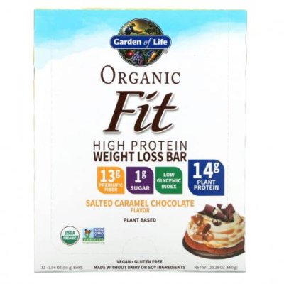 Garden of Life, Organic Fit, высокопротеиновый батончик для похудения, шоколад с соленой карамелью, 12 батончиков по 55 г (1,94 унции) / Диета и батончики для потери веса. Бакалея | Аптека | V4.Ru: Маркетплейс