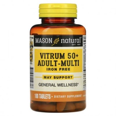 Mason Natural, Vitrum 50+, мультивитамины для взрослых, без железа, 100 таблеток / Мультивитамины для пожилых | Аптека | V4.Ru: Маркетплейс