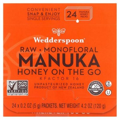 Wedderspoon, Необработанный монофлорный мед манука на ходу, KFactor 16, 24 пакетика, 5 г (0,2 унции) / Мед манука | Аптека | V4.Ru: Маркетплейс