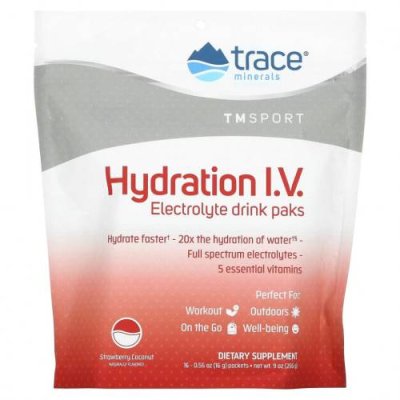 Trace Minerals ®, TM Sport, Hydration IV, электролитные напитки в пакетиках, клубника и кокос, 16 пакетиков по 16 г (0,56 унции) / Гидратация и электролиты | Аптека | V4.Ru: Маркетплейс