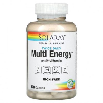 Solaray, Twice Daily, Multi Energy Multivitamin, Iron Free, 120 Capsules / Мультивитамины | Аптека | V4.Ru: Маркетплейс