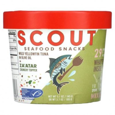 Scout, Seafood Snacks, дикий желтоперый тунец в оливковом масле и хрустящий топпер Za'Atar, 145 г (5,1 унции) / Тунец | Аптека | V4.Ru: Маркетплейс