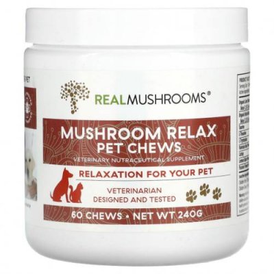 Real Mushrooms, Mushroom Relax, жевательные таблетки, 60 жевательных таблеток, 240 г / Спокойный питомец | Аптека | V4.Ru: Маркетплейс