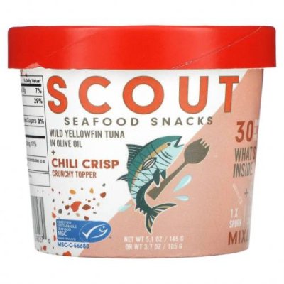 Scout, Seafood Snacks, дикий желтоперый тунец в оливковом масле + хрустящий топпер с чили, 145 г (5,1 унции) / Тунец | Аптека | V4.Ru: Маркетплейс