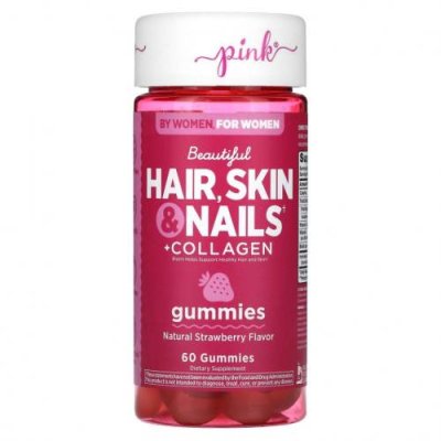 Pink, Beautiful Hair, Skin & Nails + Collagen, натуральная клубника, 60 жевательных таблеток / Препараты для волос, кожи и ногтей | Аптека | V4.Ru: Маркетплейс