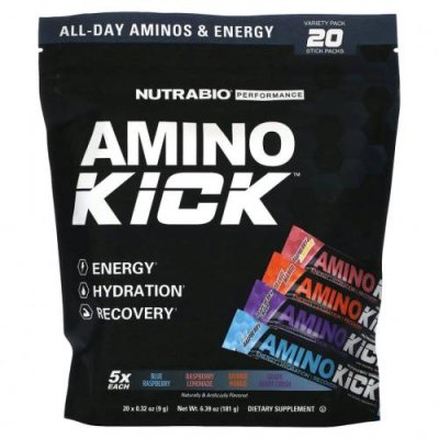 Nutrabio Labs, Amino Kick, разнообразная упаковка, 20 стиков по 9 г (0,32 унции) / Гидратация и электролиты | Аптека | V4.Ru: Маркетплейс