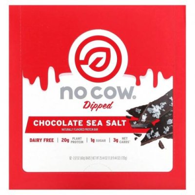 No Cow, Dipped Protein Bar, Chocolate Sea Salt, 12 Bars, 2.12 oz (60 g) Each / Белковые батончики на основе растений | Аптека | V4.Ru: Маркетплейс