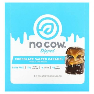 No Cow, Dipped Protein Bar, Chocolate Salted Caramel, 12 Bars, 2.12 oz (60 g) Each / Белковые батончики на основе растений | Аптека | V4.Ru: Маркетплейс