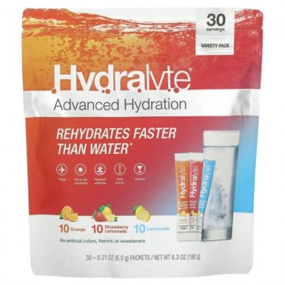 Hydralyte, Advanced Hydration, Variety Pack, апельсин, клубничный лимонад, лимонад, 30 пакетиков по 6 г (0,21 унции) / Гидратация и электролиты | Аптека | V4.Ru: Маркетплейс