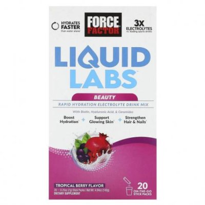 Force Factor, Liquid Labs Beauty, смесь для быстрого увлажнения и электролитов, тропические ягоды, 20 пакетиков по 7 г (0,25 унции) / Гидратация и электролиты | Аптека | V4.Ru: Маркетплейс