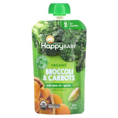 Happy Family Organics, Happy Baby, для детей от 6 месяцев, органическая брокколи и морковь с оливковым маслом и чесноком, 113 г (4 унции) / Еда в пакетах, пюре и другие блюда | Аптека | V4.Ru: Маркетплейс