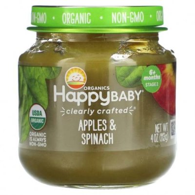 Happy Family Organics, Happy Baby, для детей от 6 месяцев, яблоки и шпинат, 113 г (4 унции) / Еда в пакетах, пюре и другие блюда | Аптека | V4.Ru: Маркетплейс