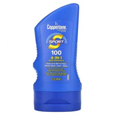 Coppertone, Sport, солнцезащитный лосьон, эффективность 4-в-1, SPF 100, 89 мл (3 жидк. Унции) / Солнцезащитные средства | Аптека | V4.Ru: Маркетплейс