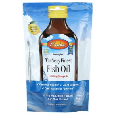 Carlson, Norwegian, The Very Finest Fish Oil, Natural Lemon, 1,600 mg, 15 Packets, (5 ml) Each / Рыбий жир омега-3 | Аптека | V4.Ru: Маркетплейс