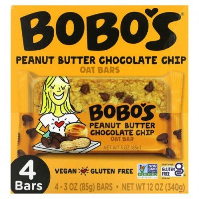 Bobo's Oat Bars, Овсяные батончики с арахисовой пастой и шоколадной крошкой, 4 батончика, по 85 г (3 унции) / Батончики для перекуса | Аптека | V4.Ru: Маркетплейс