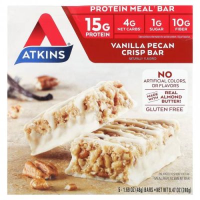 Atkins, Protein Meal Bar, Vanilla Pecan Crisp Bar, 5 Bars, 1.69 oz (48 g) Each / Питательные батончики | Аптека | V4.Ru: Маркетплейс