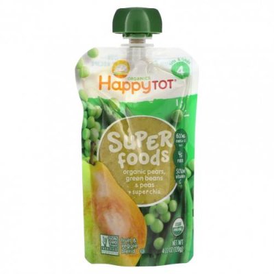 Happy Family Organics, Happytot, Superfoods, Organic Pears, Green Beans & Peas + Super Chia, 4.22 oz (120 g) / Еда в пакетах, пюре и другие блюда | Аптека | V4.Ru: Маркетплейс