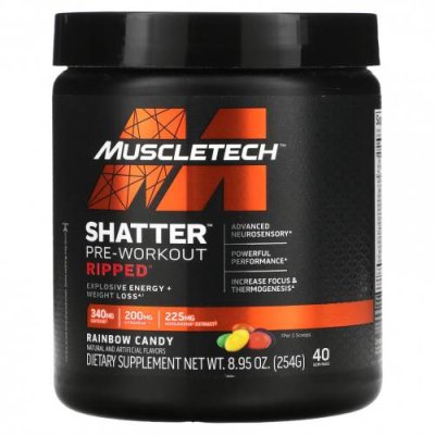 MuscleTech, Shatter Pre-Workout, Ripped, радужные конфеты, 254 г (8,95 унции) / Кофеин | Аптека | V4.Ru: Маркетплейс