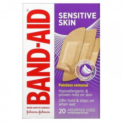 Band Aid, Лейкопластыри, для чувствительной кожи, 20 размеров / Пластыри и бандажи | Аптека | V4.Ru: Маркетплейс