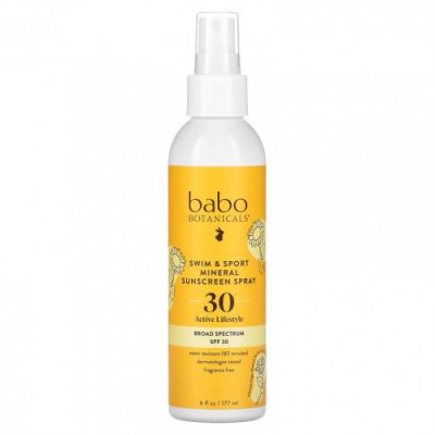 Babo Botanicals, Swim & Sport, солнцезащитный спрей с минералами, SPF 30, 177 мл (6 жидк. Унций) / Солнезащитные средства | Аптека | V4.Ru: Маркетплейс