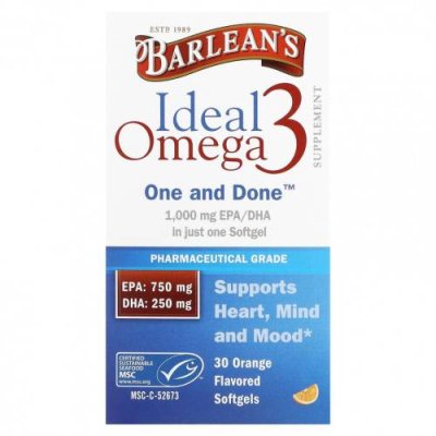 Barlean's, Ideal Omega 3, апельсин, 30 мягких таблеток / Рыбий жир омега-3 | Аптека | V4.Ru: Маркетплейс