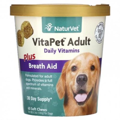 NaturVet, VitaPet Adult, ежедневные витамины и помощь при дыхании, для собак, 60 жевательных таблеток, 180 г (6,3 унции) / Витамины и минералы для питомцев | Аптека | V4.Ru: Маркетплейс