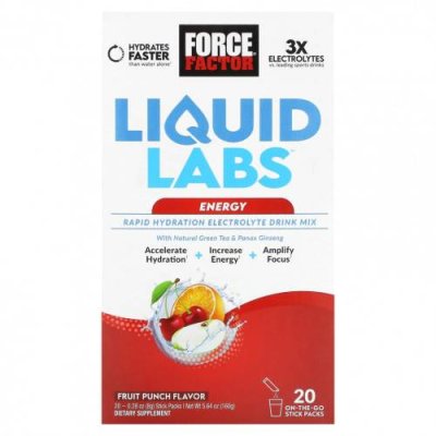 Force Factor, Liquid Labs, Energy, фруктовый пунш, 20 пакетиков по 8 г (0,28 унции) / Гидратация и электролиты | Аптека | V4.Ru: Маркетплейс