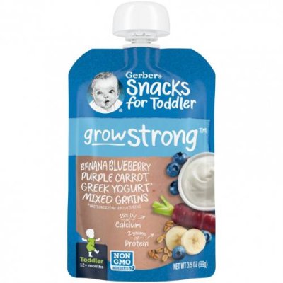 Gerber, Snacks for Toddler, Grow Strong, от 12 месяцев, банан, голубика, фиолетовый, морковь, греческий йогурт, смесь злаков, 99 г (3,5 унции) / Еда в пакетах, пюре и другие блюда | Аптека | V4.Ru: Маркетплейс