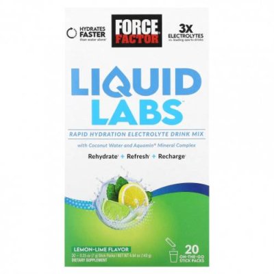 Force Factor, Liquid Labs, лимон и лайм, 20 пакетиков по 7 г (0,25 унции) / Гидратация и электролиты | Аптека | V4.Ru: Маркетплейс