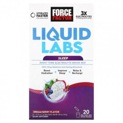 Force Factor, Liquid Labs, Sleep, Dream Berry, 20 пакетиков по 7 г (0,25 унции) / Гидратация и электролиты | Аптека | V4.Ru: Маркетплейс