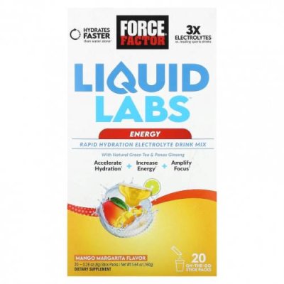 Force Factor, Liquid Labs, Energy, манго и маргарита, 20 пакетиков по 8 г (0,28 унции) / Гидратация и электролиты | Аптека | V4.Ru: Маркетплейс