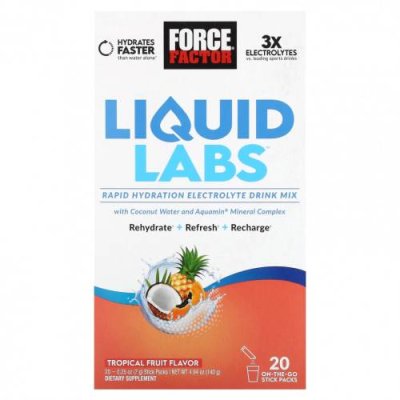 Force Factor, Liquid Labs, тропические фрукты, 20 пакетиков в стиках по 7 г (0,25 унции) / Гидратация и электролиты | Аптека | V4.Ru: Маркетплейс