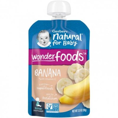 Gerber, Natural for Baby, Wonder Foods, 2nd Foods, банан, 99 г (3,5 унции) / Еда в пакетах, пюре и другие блюда | Аптека | V4.Ru: Маркетплейс