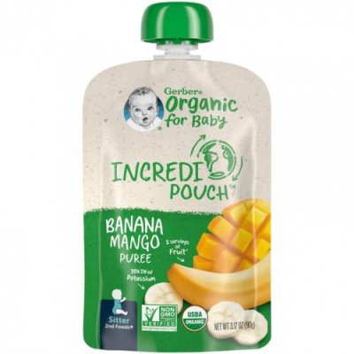 Gerber, Organic for Baby, 2nd Foods, банан, манговое пюре, 90 г (3,17 унции) / Еда в пакетах, пюре и другие блюда | Аптека | V4.Ru: Маркетплейс