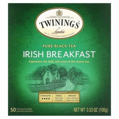 Twinings, Чистый черный чай, ирландский завтрак, 50 чайных пакетиков, 100 г (3,53 унции) / Черный чай | Аптека | V4.Ru: Маркетплейс