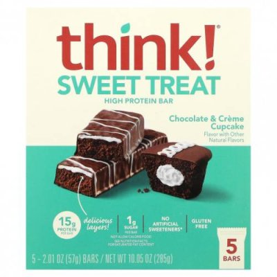 Think !, Sweet Treat, батончик с высоким содержанием протеина, кекс с шоколадом и кремом, 5 батончиков, 57 г (2,01 унции) / Соевые белковые батончики | Аптека | V4.Ru: Маркетплейс