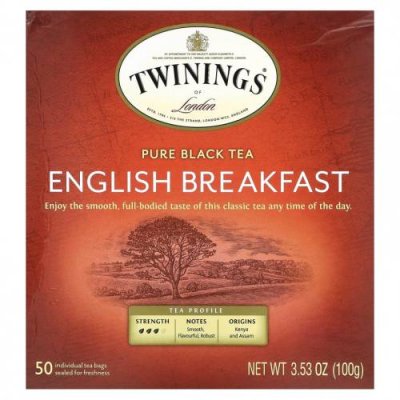 Twinings, Чистый черный чай, английский завтрак, 50 чайных пакетиков, 100 г (3,53 унции) / Чай Английский завтрак | Аптека | V4.Ru: Маркетплейс