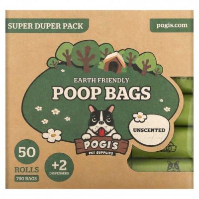 Pogi's Pet Supplies, Earth Friendly Poop Bags, Super Duper Pack, Unscented, 50 Rolls, 750 Bags, 2 Dispensers / Зоотовары | Аптека | V4.Ru: Маркетплейс