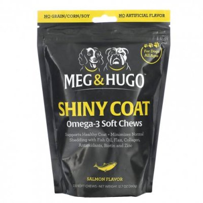 Meg & Hugo, Shiny Coat, жевательные таблетки с омега-3, для собак, для всех возрастов, лосось, 120 жевательных таблеток, 360 г (12,7 унции) / Омега и масла для питомцев | Аптека | V4.Ru: Маркетплейс