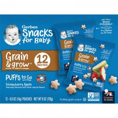 Gerber, Snacks for Baby, Grain & Grow, Puffs to Go, для детей от 8 месяцев, со вкусом клубники и яблока, 12 пакетиков снеков по 14 г (0,5 унции) / Снеки, батончики и продукты, которые едят руками | Аптека | V4.Ru: Маркетплейс