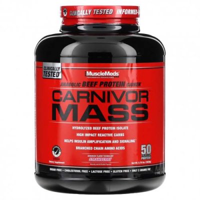 MuscleMeds, Формула для набора массы Carnivor Mass, клубника, 5,95 фунтов (2698 г) / Гейнеры | Аптека | V4.Ru: Маркетплейс