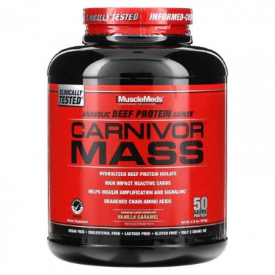 MuscleMeds, Carnivor Mass, ускоряющее обменные процессы говяжье белковое средство для набора массы, ваниль и карамель, 5,93 фунтов (2688 г) / Гейнеры | Аптека | V4.Ru: Маркетплейс