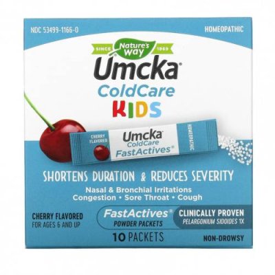 Nature's Way, Umcka, ColdCare Kids, FastActives, для детей от 6 лет, с вишневым вкусом, 10 пакетиков с порошком / Натуральные средства для детей | Аптека | V4.Ru: Маркетплейс