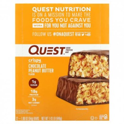 Quest Nutrition, Hero Protein Bar, хрустящий шоколад с арахисовой пастой, 12 батончиков по 54 г (1,9 унции) / Молочные белковые батончики | Аптека | V4.Ru: Маркетплейс