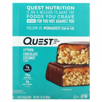 Quest Nutrition, Hero Protein Bar, хрустящий шоколад с кокосом, 12 батончиков, 55 г (1,94 унции) / Молочные белковые батончики | Аптека | V4.Ru: Маркетплейс