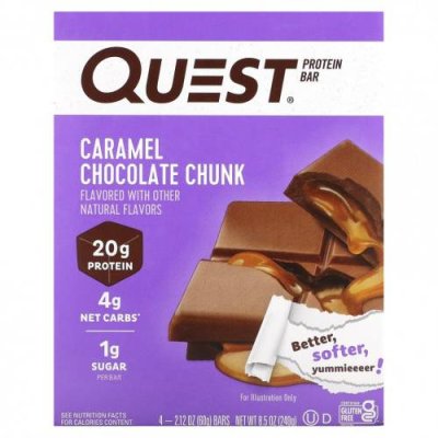 Quest Nutrition, Протеиновый батончик, кусочки карамельного шоколада, 4 батончика, 60 г (2,12 унции) / Молочные белковые батончики | Аптека | V4.Ru: Маркетплейс