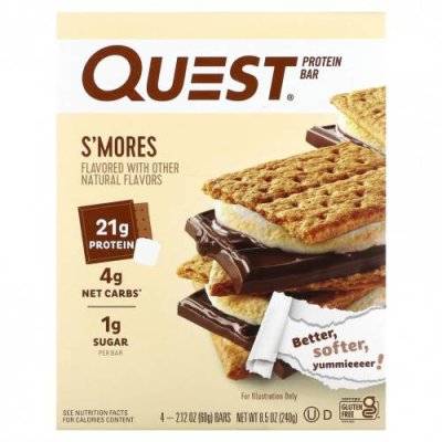 Quest Nutrition, Протеиновый батончик, S'Mores, 4 батончика, 60 г (2,12 унции) каждый / Молочные белковые батончики | Аптека | V4.Ru: Маркетплейс