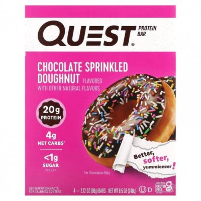 Quest Nutrition, Протеиновый батончик, пончик в шоколаде, 4 батончика по 60 г (2,12 унции) / Молочные белковые батончики | Аптека | V4.Ru: Маркетплейс