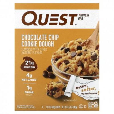 Quest Nutrition, Протеиновый батончик, тесто с шоколадной крошкой, 4 батончика, 60 г (2,12 унции) / Батончики с сывороточным белком | Аптека | V4.Ru: Маркетплейс